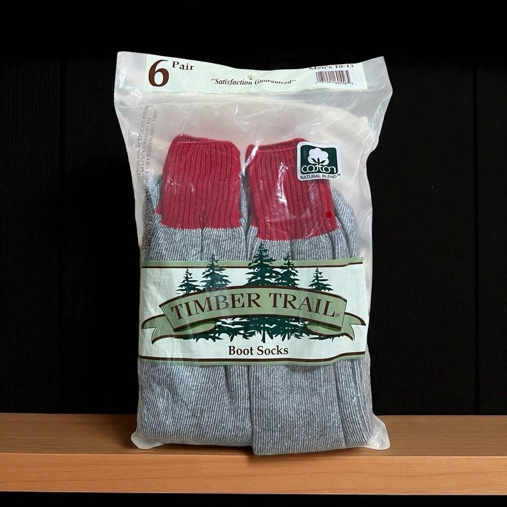 Vtg 6 PAIR Timber Trail Cotten Blend Men's Boot Socks Gray Red Trim Size 10-13